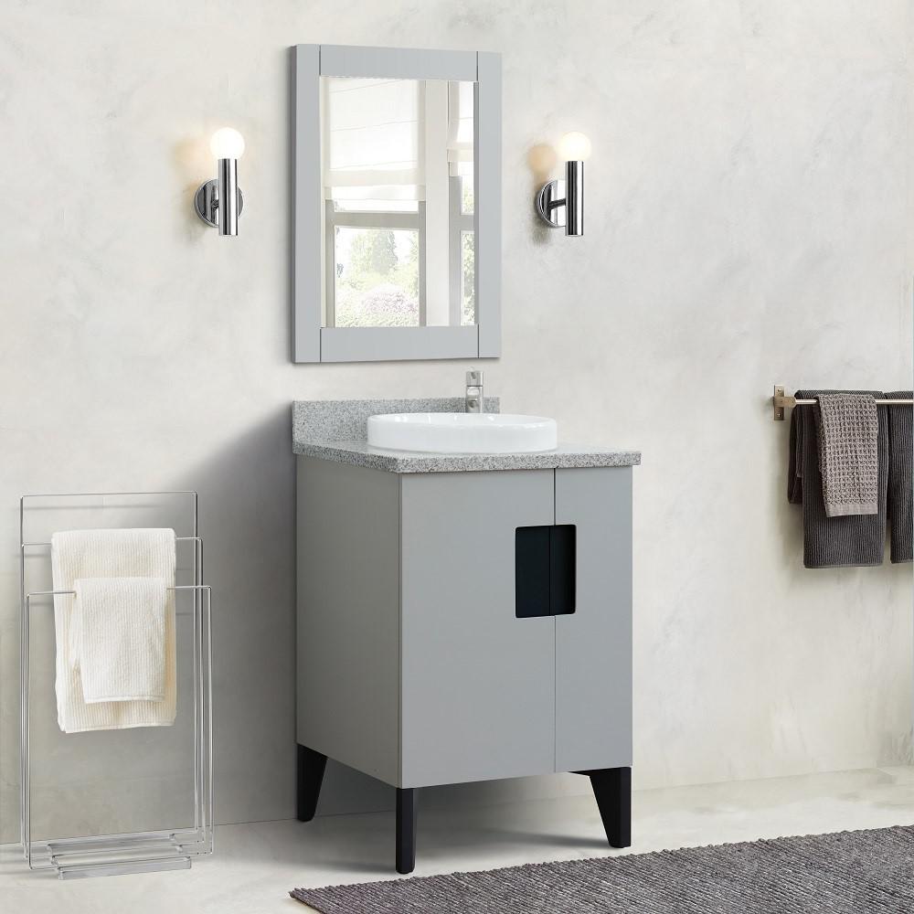 25 Single sink vanity in Light Gray finish with Gray granite and round sink. Picture 2
