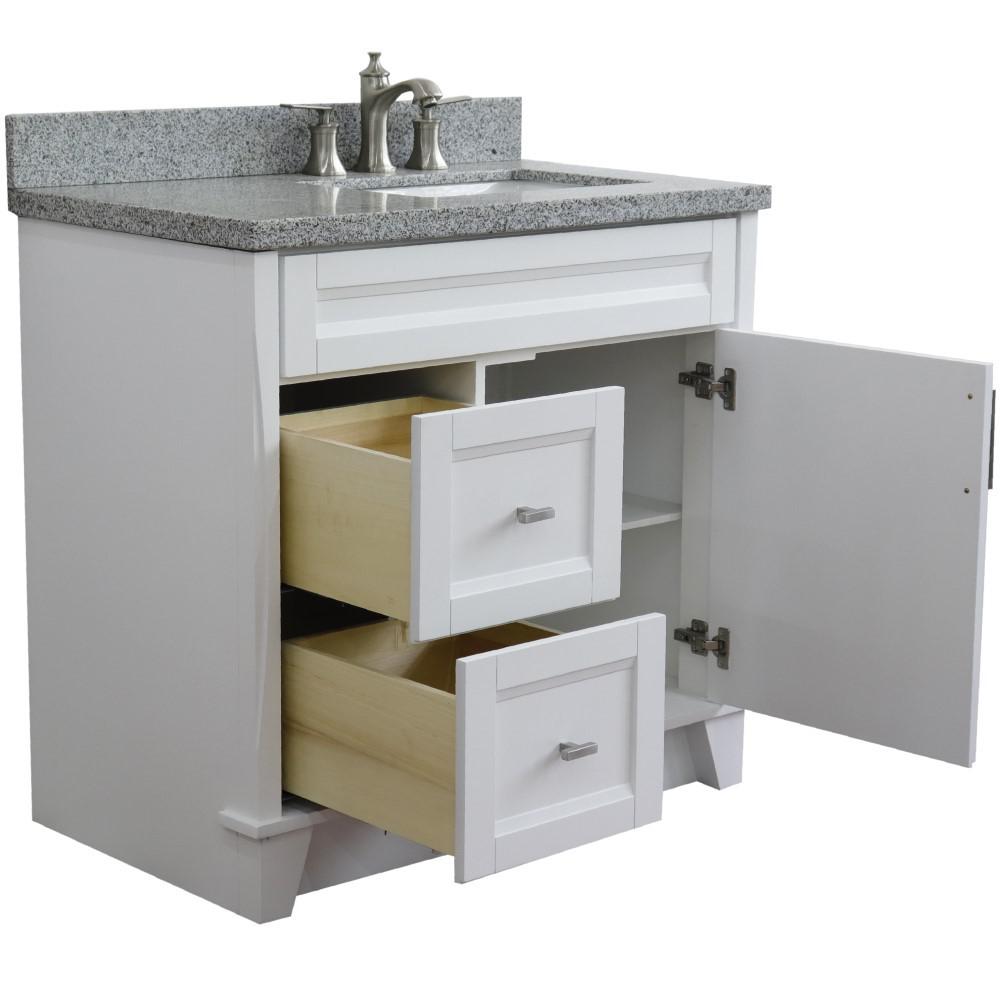 Single sink vanity in White with Gray granite and LEFT rectangle sink. Picture 2
