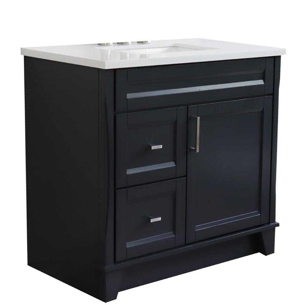 Single sink vanity in Dark Gray with White quartz and CENTER rectangle sink. Picture 1