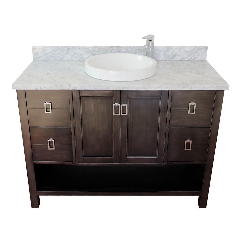 49 Single vanity in Silvery Brown finish with White Carrara top and round sink. Picture 8