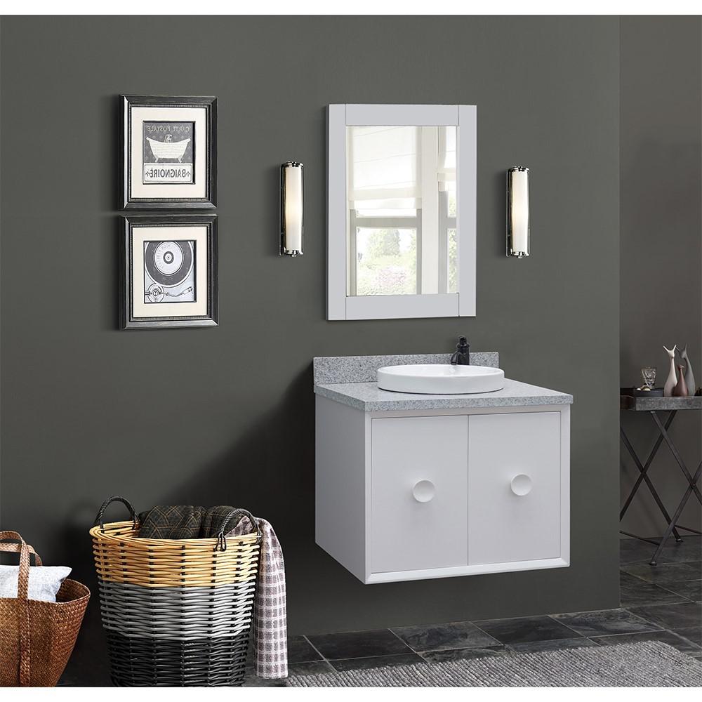 Single wall mount vanity in White with Gray granite top and round sink. Picture 2