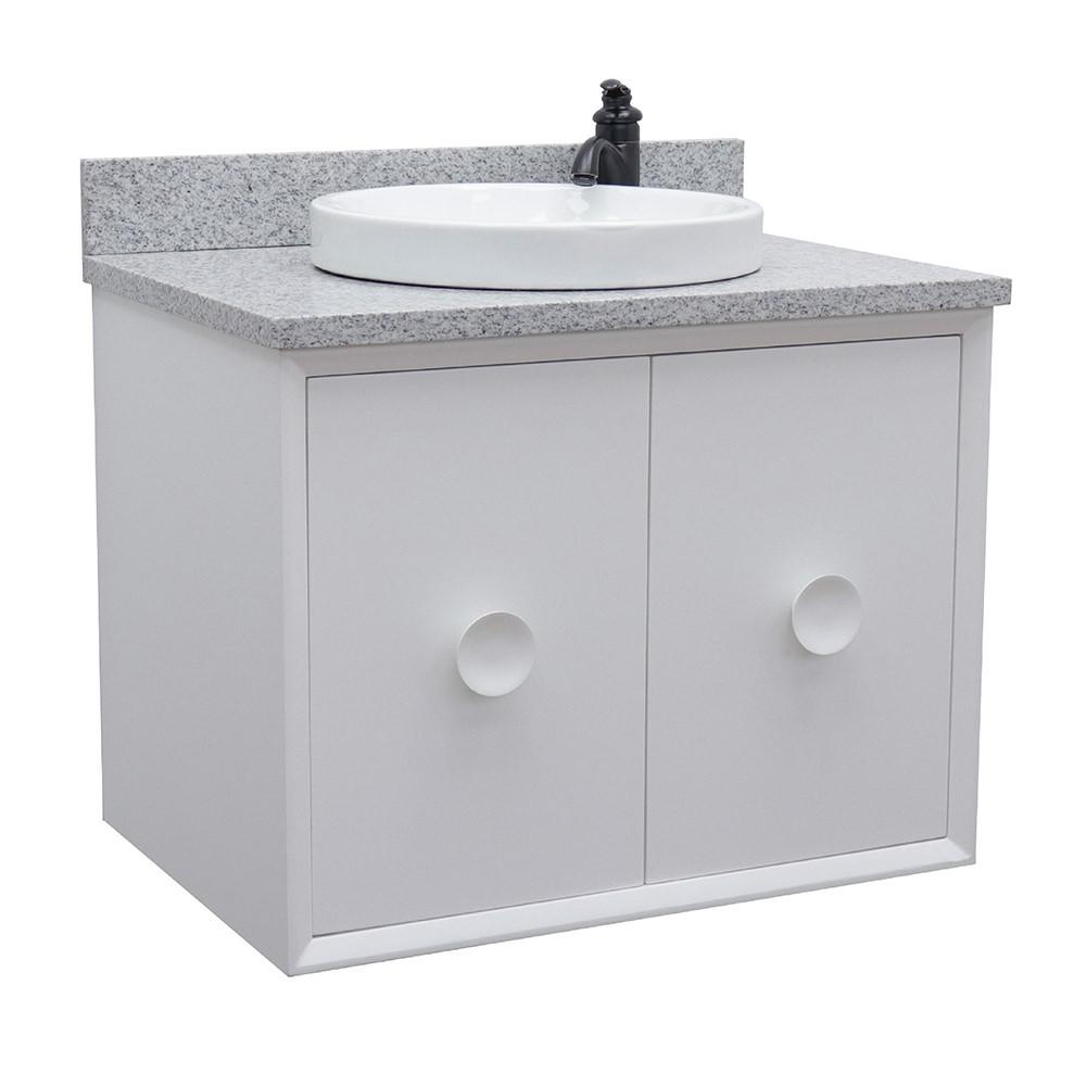 Single wall mount vanity in White with Gray granite top and round sink. Picture 1