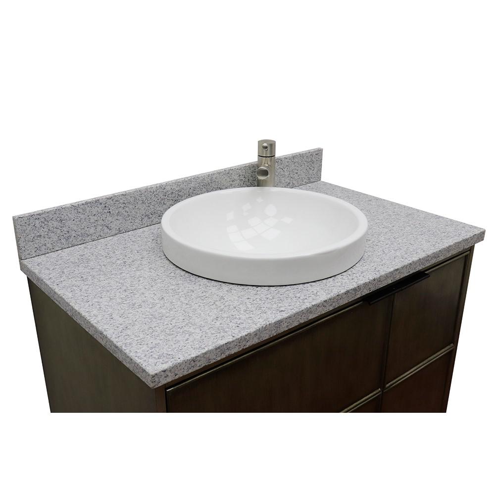 37 Single vanity in Linen Brown finish with Gray granite top and round sink. Picture 7