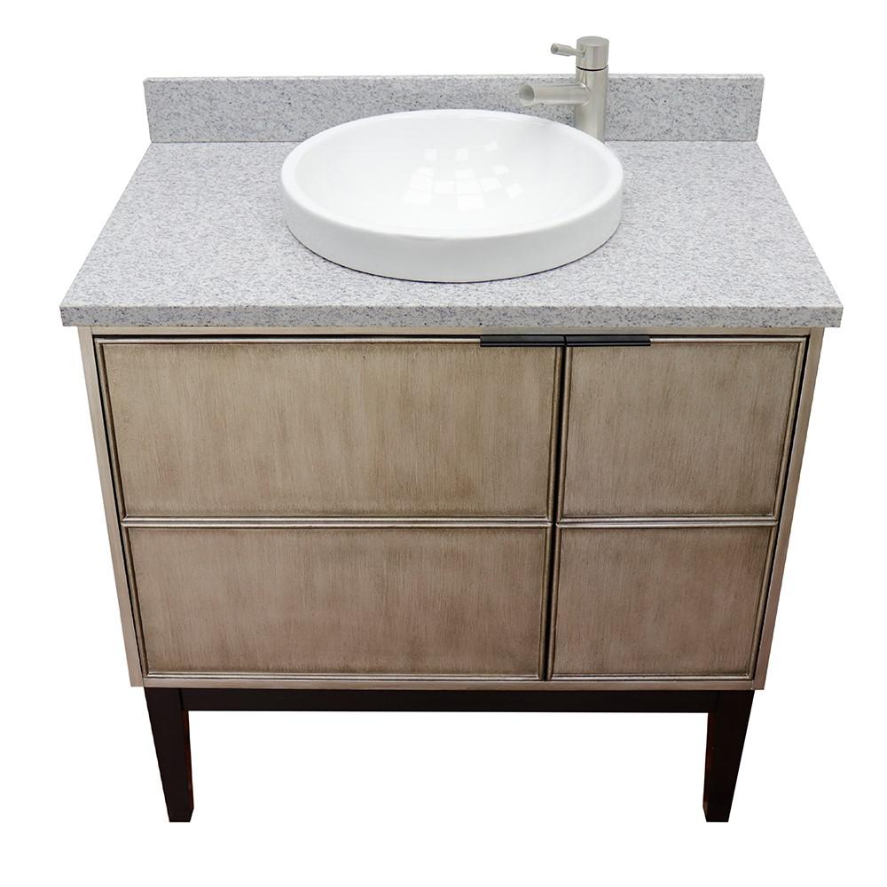 37 Single vanity in Linen Brown finish with Gray granite top and round sink. Picture 10