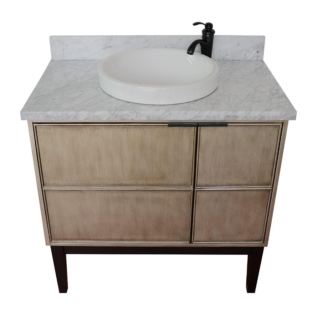 37 Single vanity in Linen Brown finish with White Carrara top and round sink. Picture 10