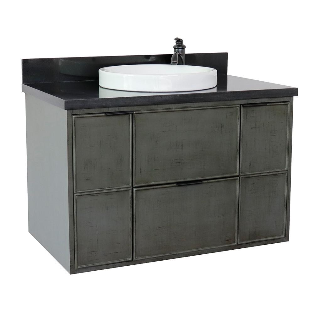 Single wall mount vanity in Linen Gray with Black Galaxy top and round sink. Picture 3