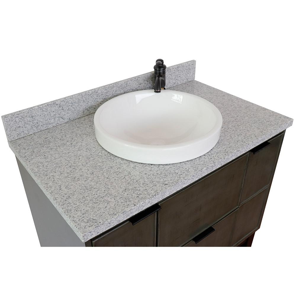 Single wall mount vanity in Linen Gray with Gray granite top and round sink. Picture 8