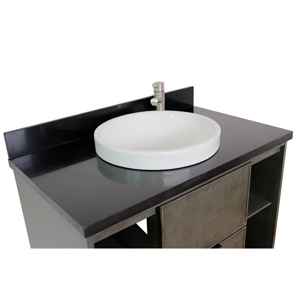 Single wall mount vanity in Linen Gray with Black Galaxy top and round sink. Picture 6