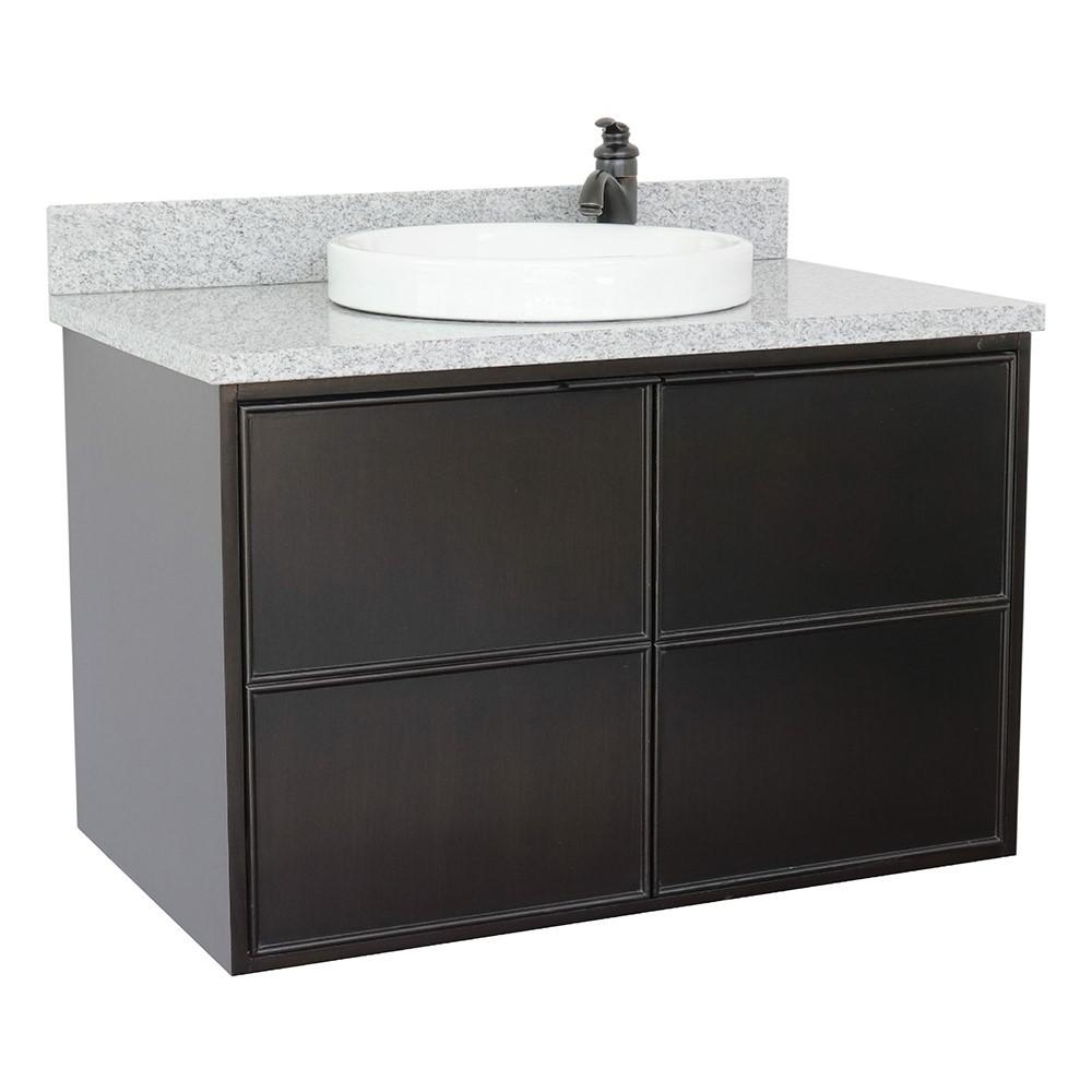 Single wall mount vanity in Cappuccino with Gray granite top and round sink. Picture 1