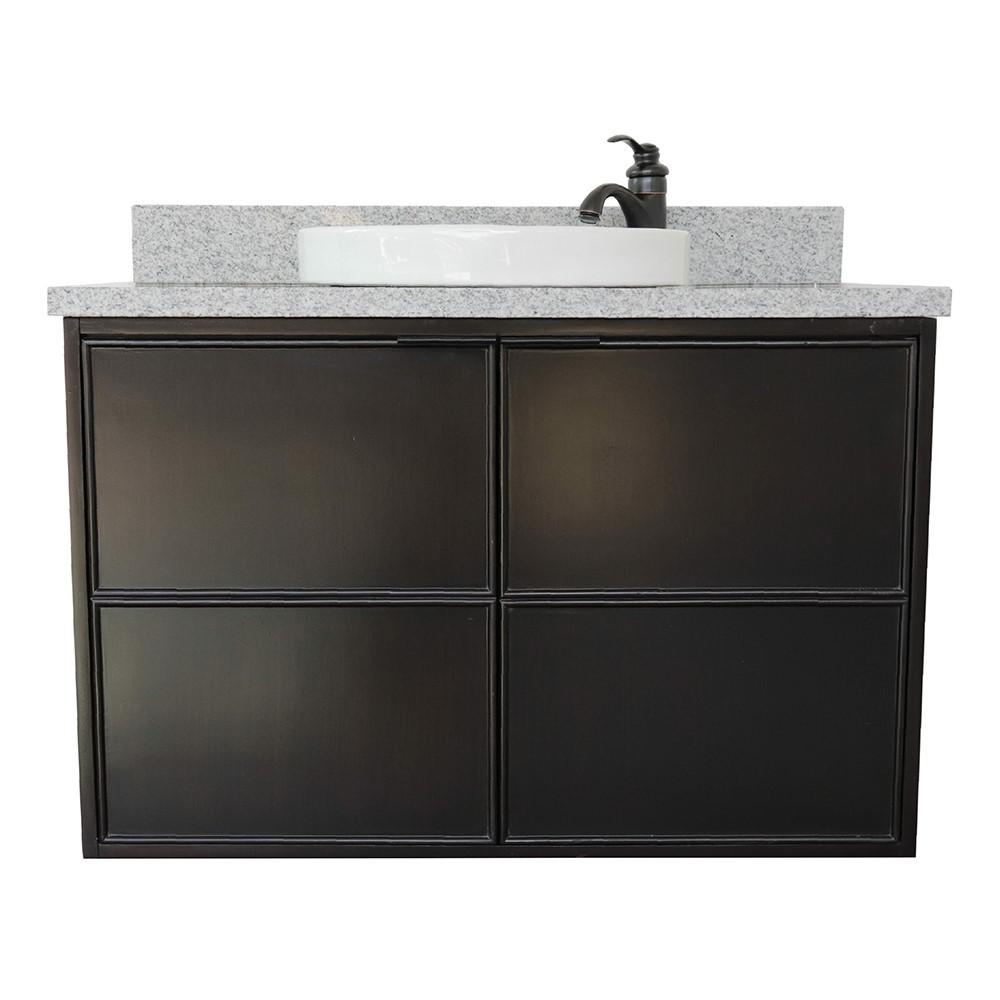 Single wall mount vanity in Cappuccino with Gray granite top and round sink. Picture 3