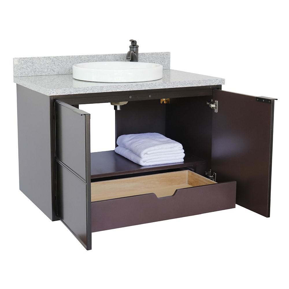 Single wall mount vanity in Cappuccino with Gray granite top and round sink. Picture 5