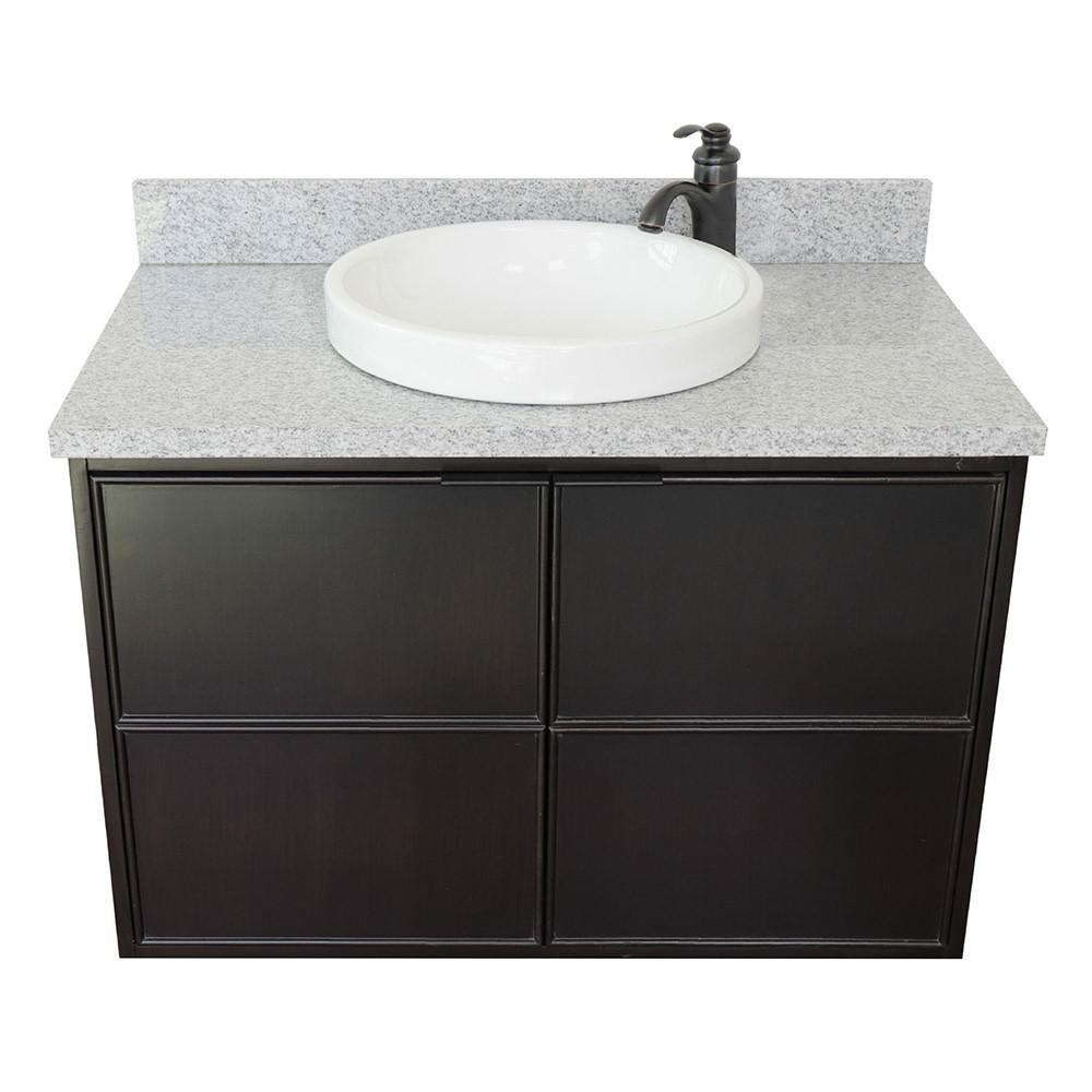 Single wall mount vanity in Cappuccino with Gray granite top and round sink. Picture 7