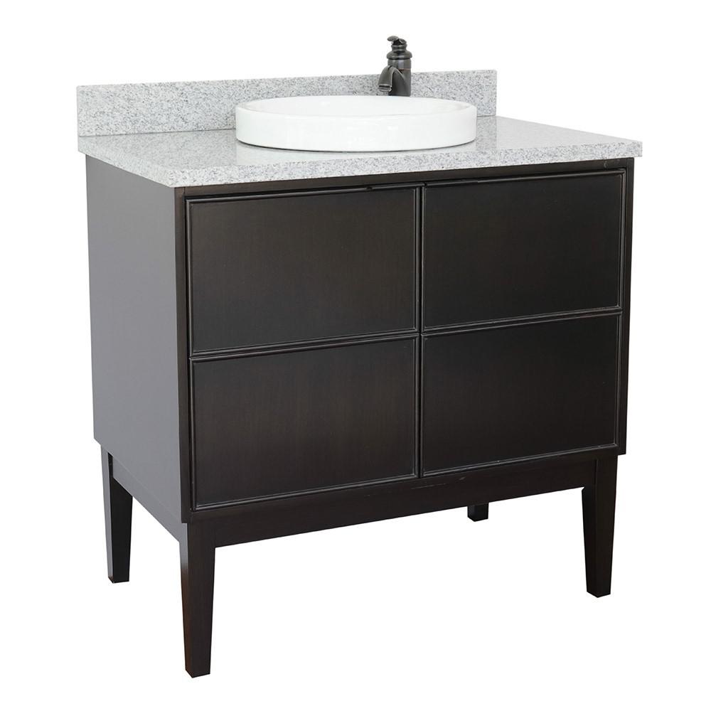 37 Single vanity in Cappuccino finish with Gray granite top and round sink. Picture 1