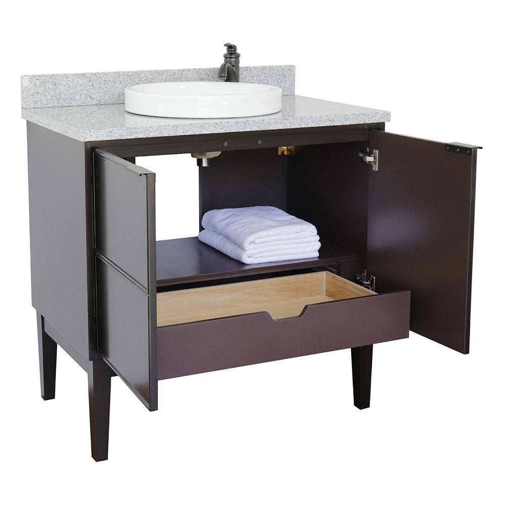 37 Single vanity in Cappuccino finish with Gray granite top and round sink. Picture 5