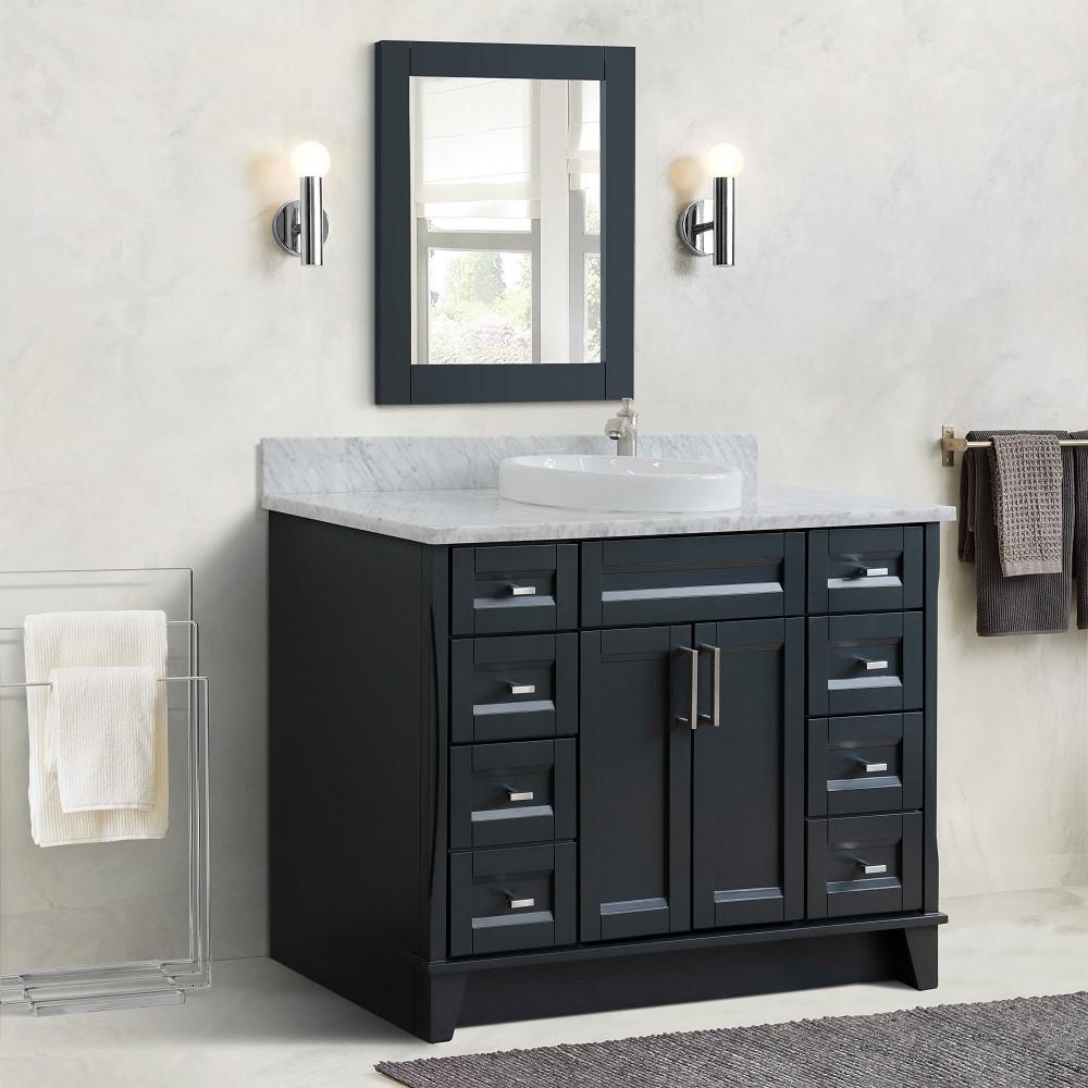 Single sink vanity in Dark Gray with White Carrara marble and round sink. Picture 2