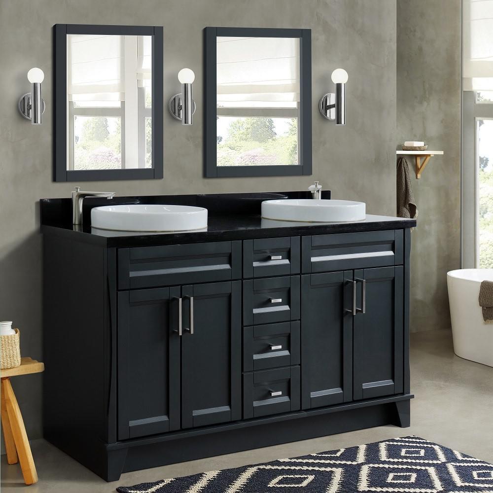 Double sink vanity in Dark Gray and Black galaxy granite and round sink. Picture 2