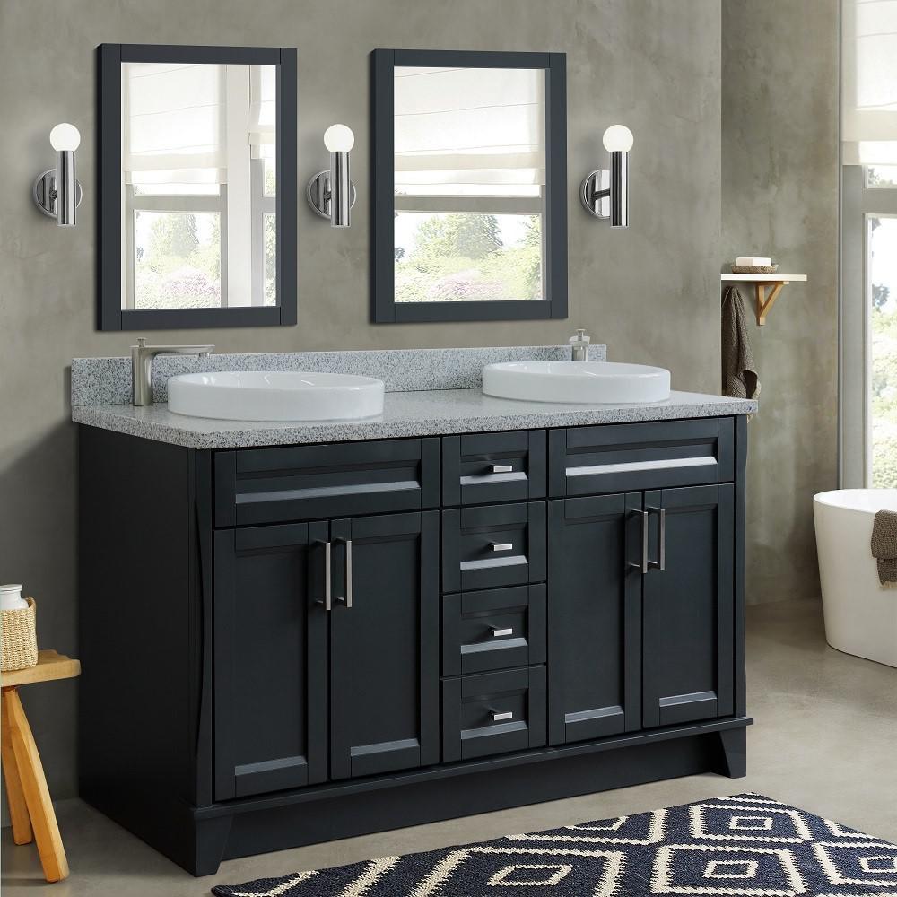 61 Double sink vanity in Dark Gray finish and Gray granite and round sink. Picture 2