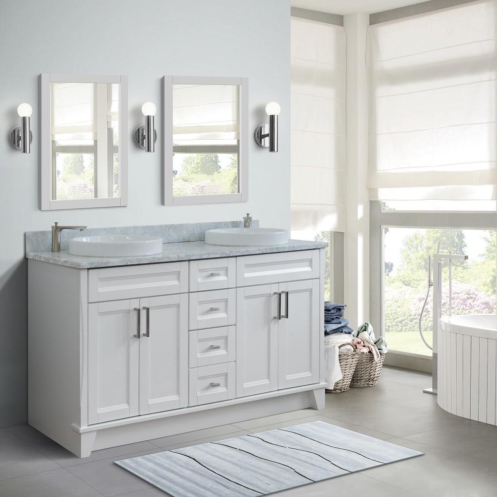 61 Double sink vanity in White finish and White Carrara marble and round sink. Picture 2