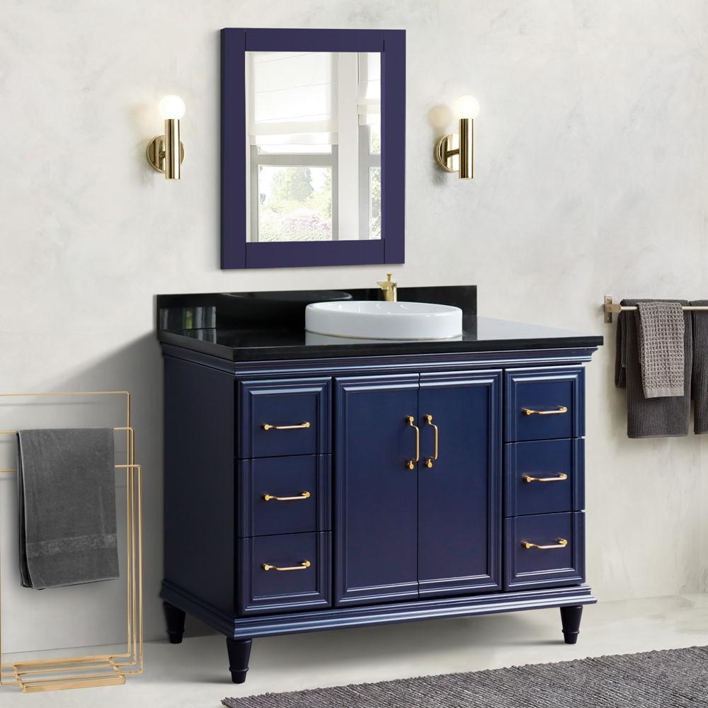 49 Single sink vanity in Blue finish with Black galaxy granite and round sink. Picture 2