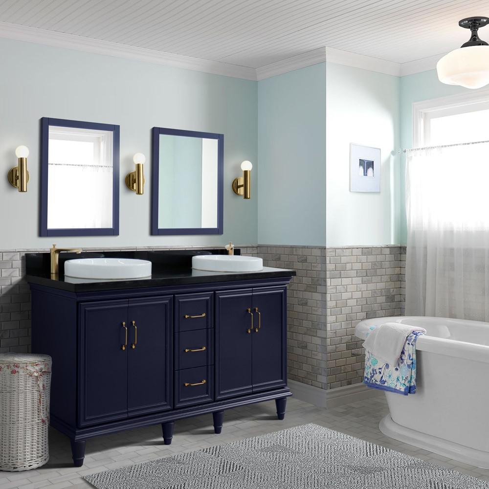 61 Double sink vanity in Blue finish and Black galaxy granite and round sink. Picture 2