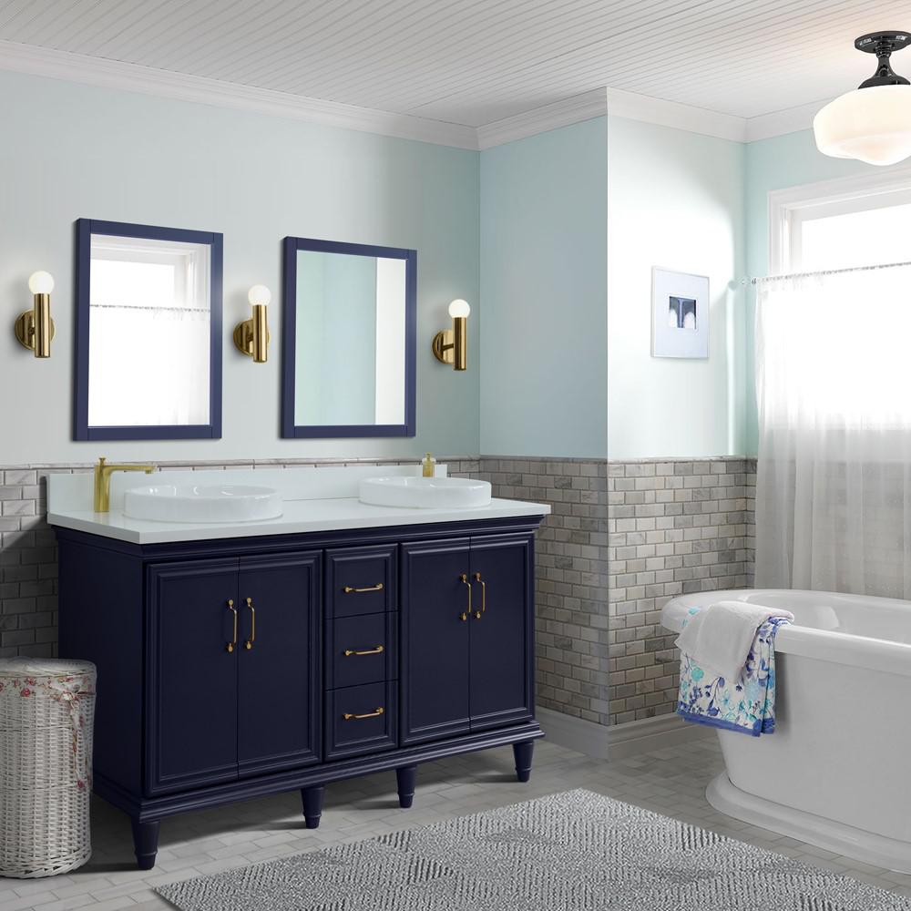 61 Double sink vanity in Blue finish and White quartz and round sink. Picture 2