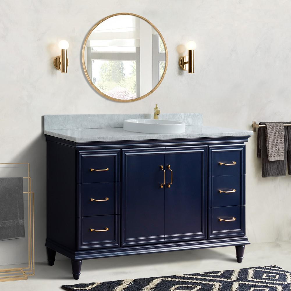 61 Single sink vanity in Blue finish and White Carrara marble and round sink. Picture 2