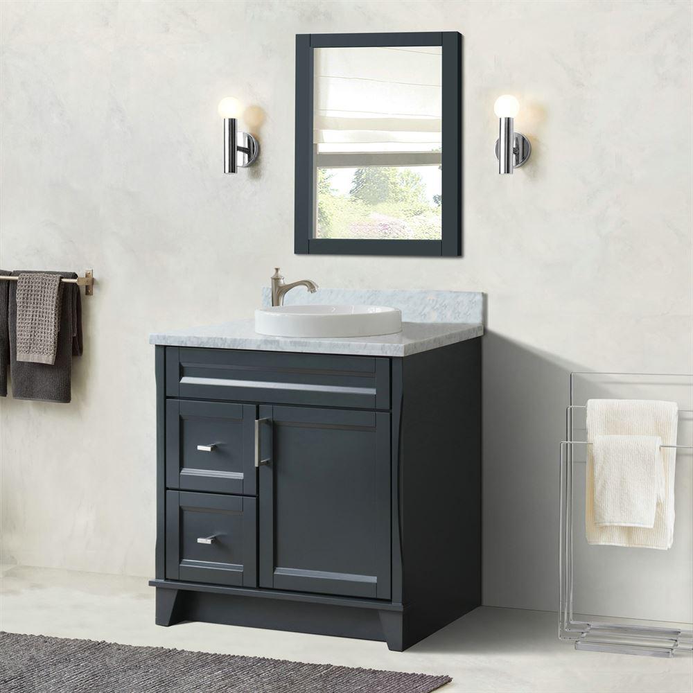 Single sink vanity in Dark Gray with White Carrara marble and round sink. Picture 4