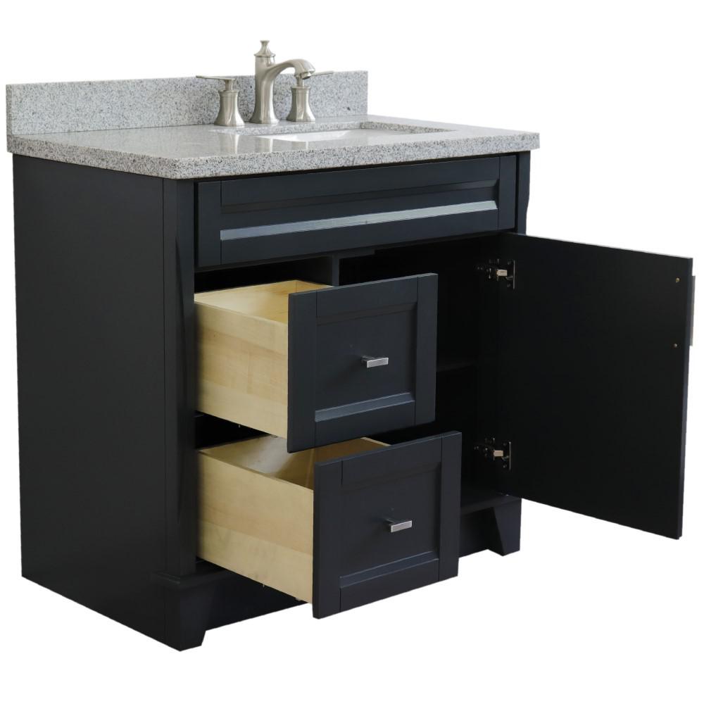 Single sink vanity in Dark Gray with Gray granite and LEFT rectangle sink. Picture 2