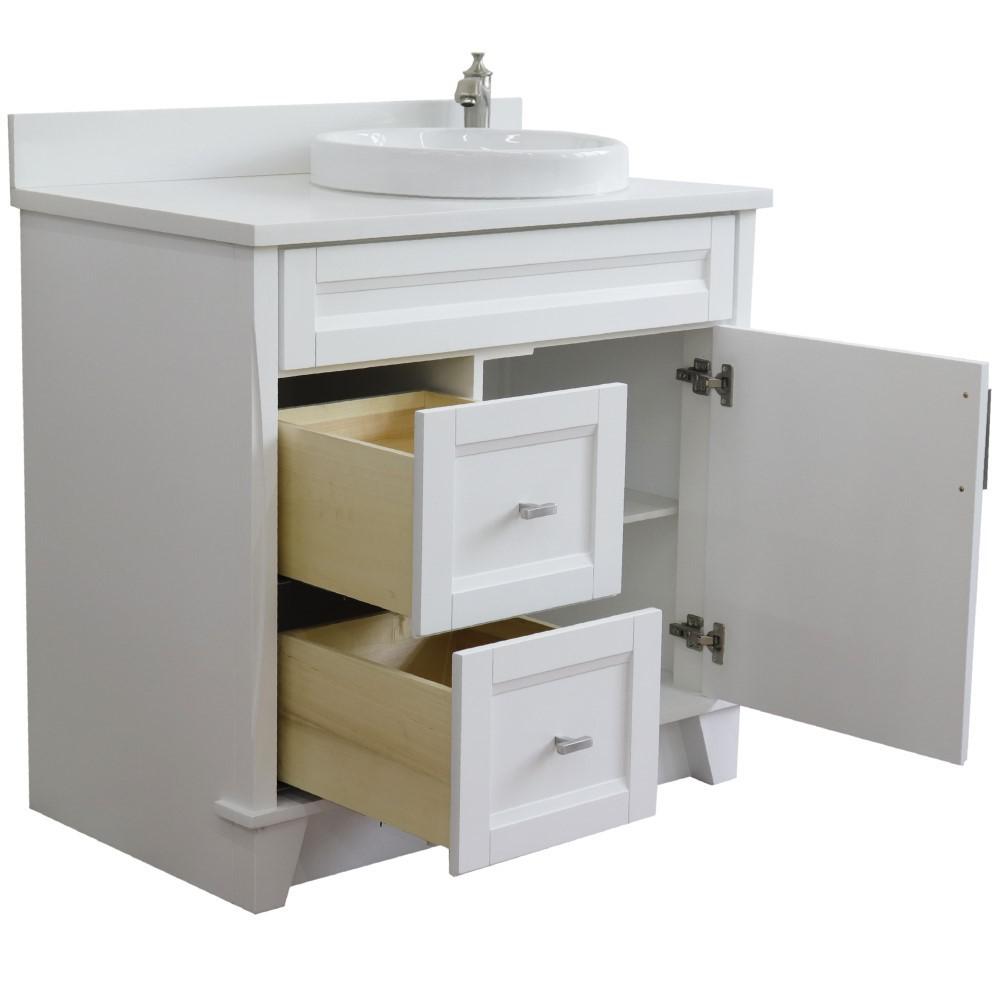 Single sink vanity in White with White quartz and LEFT round sink. Picture 2