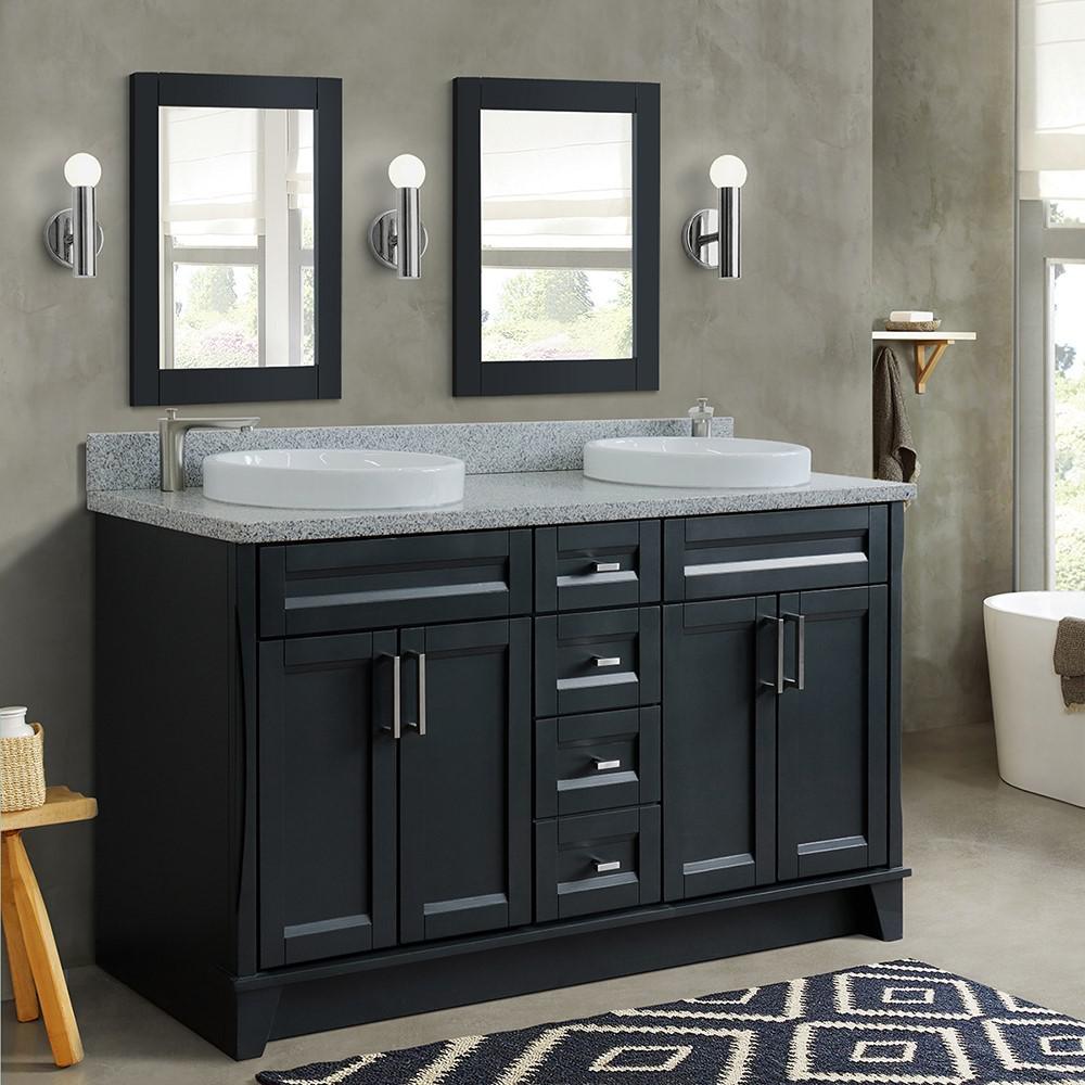 61 Double sink vanity in Dark Gray finish and Gray granite and round sink. Picture 1