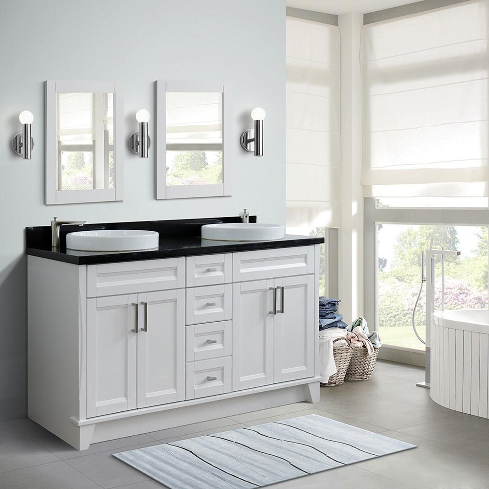 61 Double sink vanity in White finish and Black galaxy granite and round sink. Picture 1