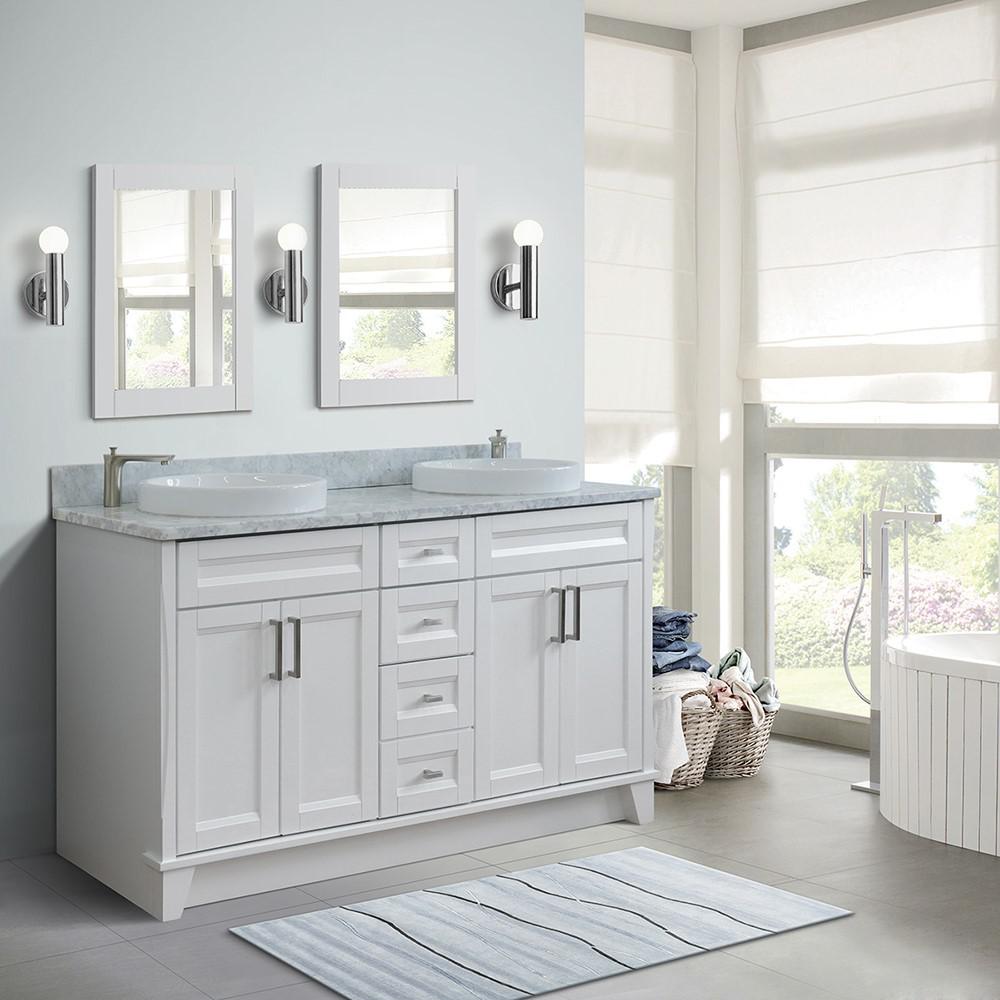 61 Double sink vanity in White finish and White Carrara marble and round sink. Picture 1