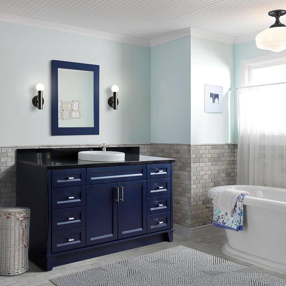 61 Single sink vanity in Blue finish and Black galaxy granite and round sink. Picture 1