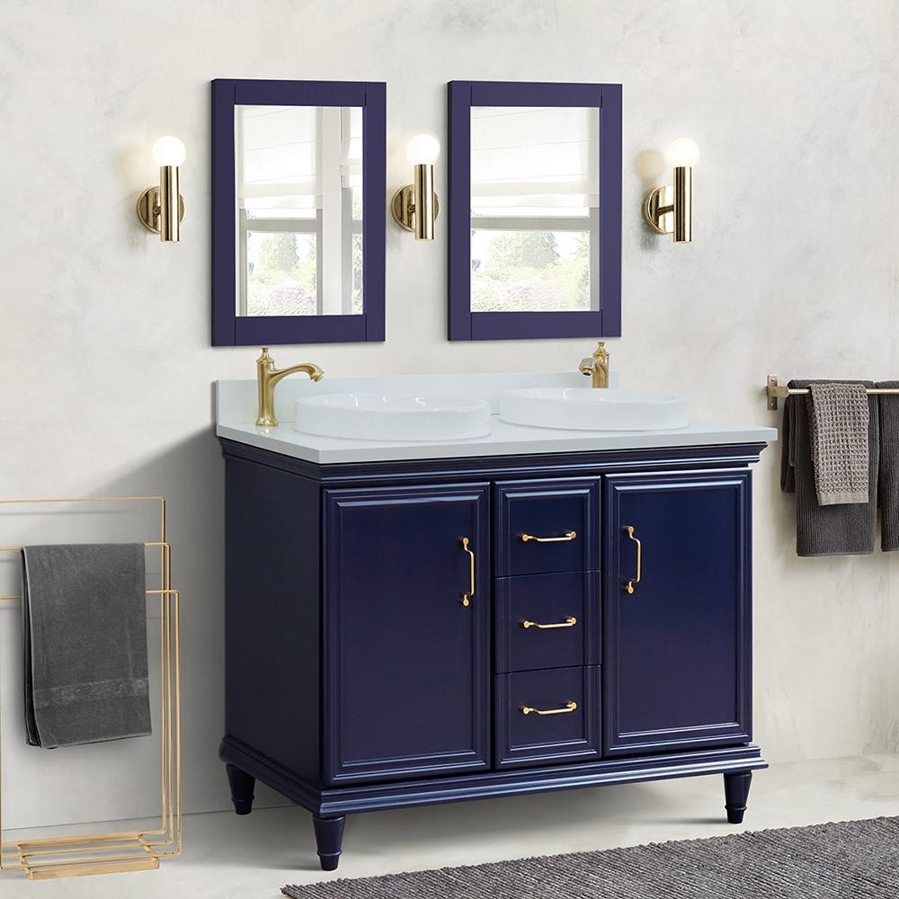 49 Double vanity in Blue finish with White quartz and round sink. Picture 1