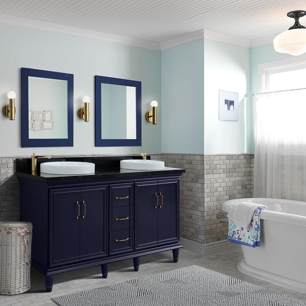 61 Double sink vanity in Blue finish and Black galaxy granite and round sink. Picture 1