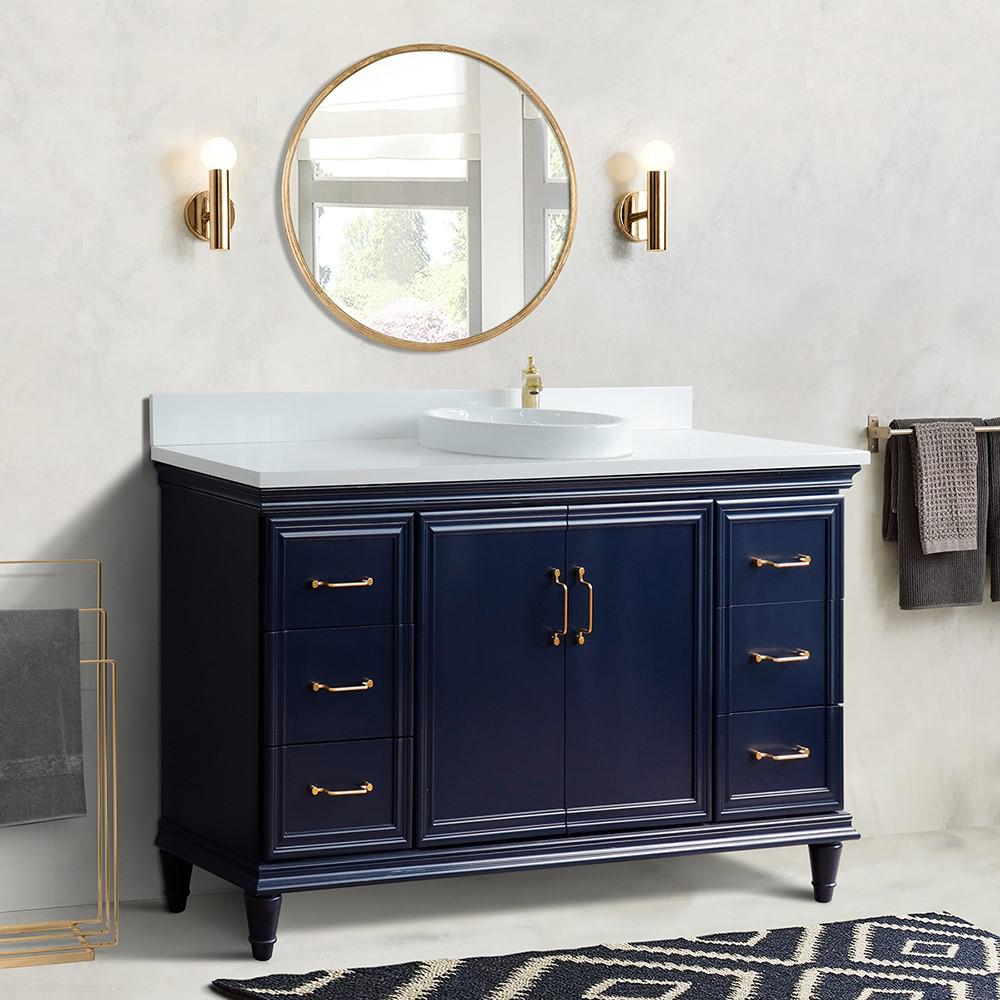 61 Single sink vanity in Blue finish and White quartz and round sink. Picture 1