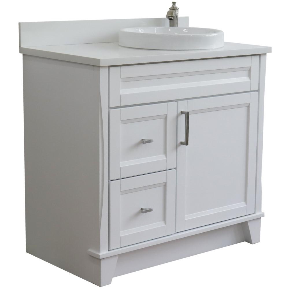 Single sink vanity in White with White quartz and LEFT round sink. Picture 1