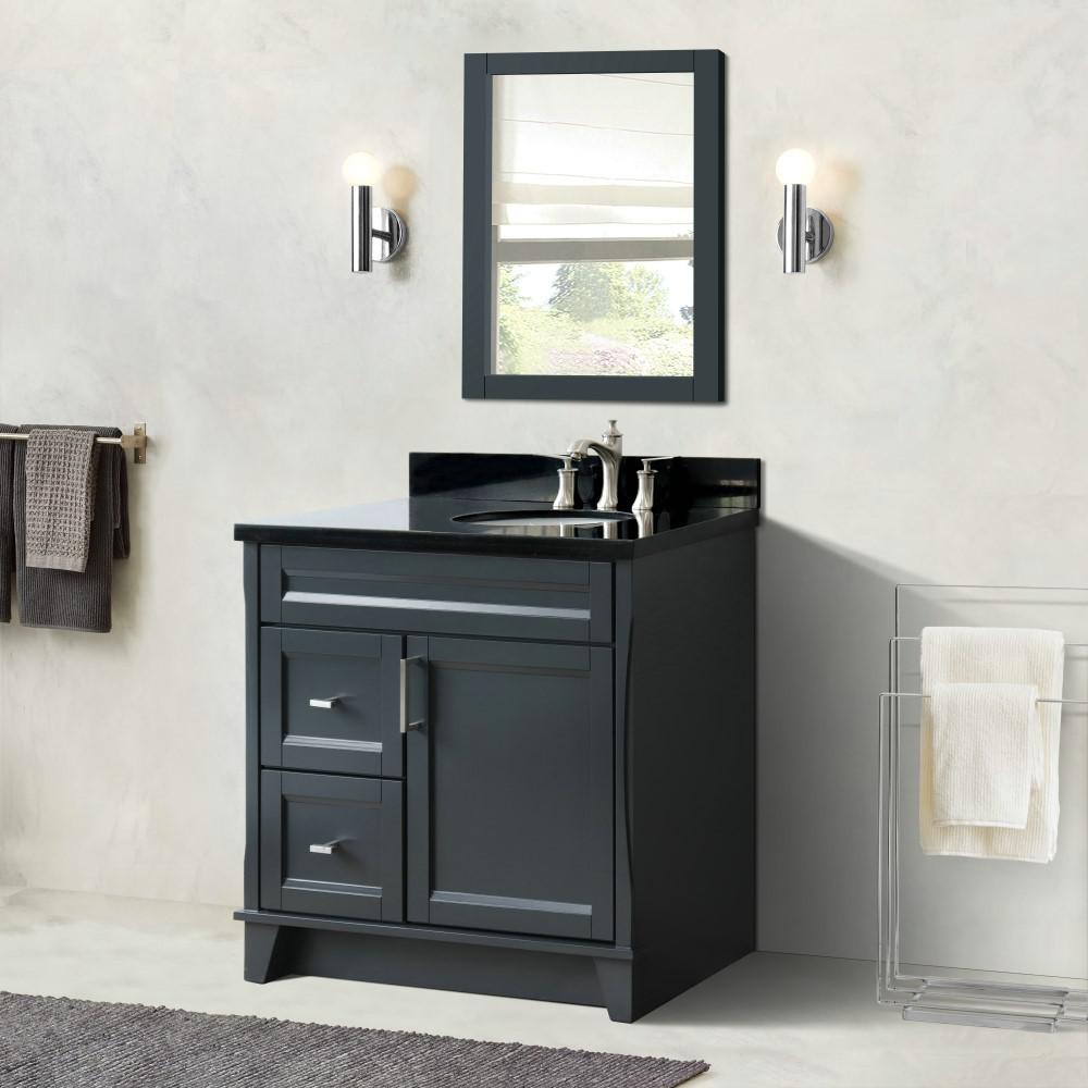 Single sink vanity in Dark Gray with Black galaxy granite and LEFT oval sink. Picture 4