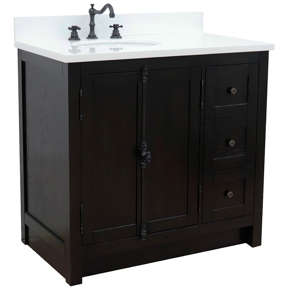 37 Single vanity in Brown Ash finish with White quartz top and oval sink. Picture 3
