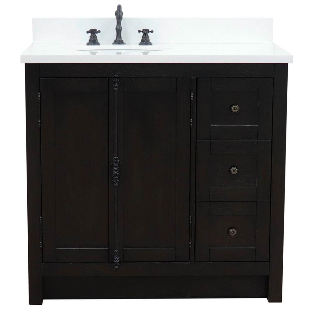 37 Single vanity in Brown Ash finish with White quartz top and oval sink. Picture 6