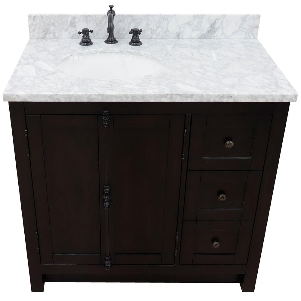 37 Single vanity in Brown Ash finish with White Carrara top and oval sink. Picture 10