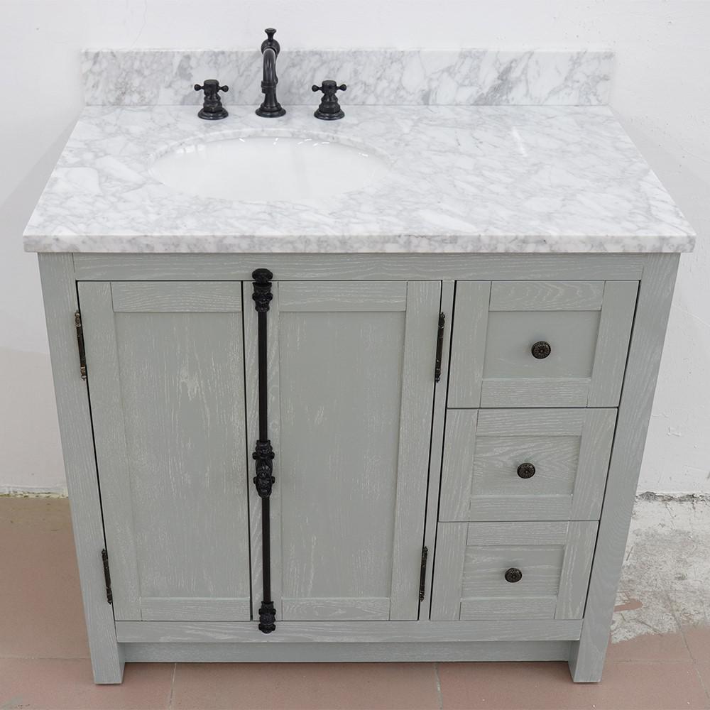 37 Single vanity in Gray Ash finish with White Carrara top and oval sink. Picture 9