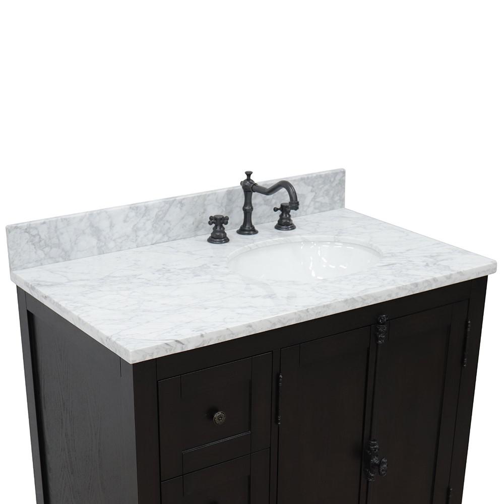 37 Single vanity in Brown Ash finish with White Carrara top and oval sink. Picture 7