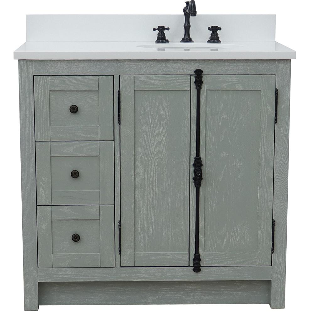 37 Single vanity in Gray Ash finish with White quartz top and oval sink. Picture 6