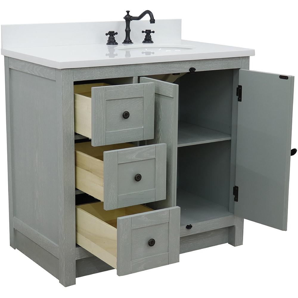 37 Single vanity in Gray Ash finish with White quartz top and oval sink. Picture 8