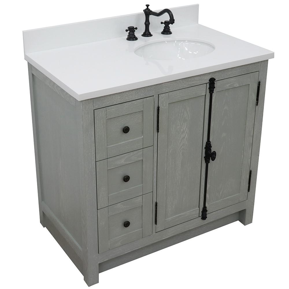 37 Single vanity in Gray Ash finish with White quartz top and oval sink. Picture 11