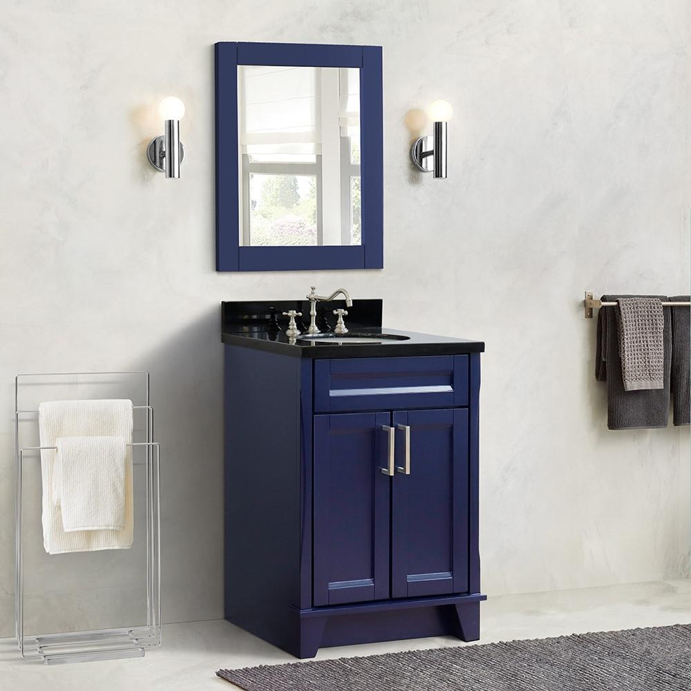 25 Single sink vanity in Blue finish with Black galaxy granite and oval sink. Picture 2