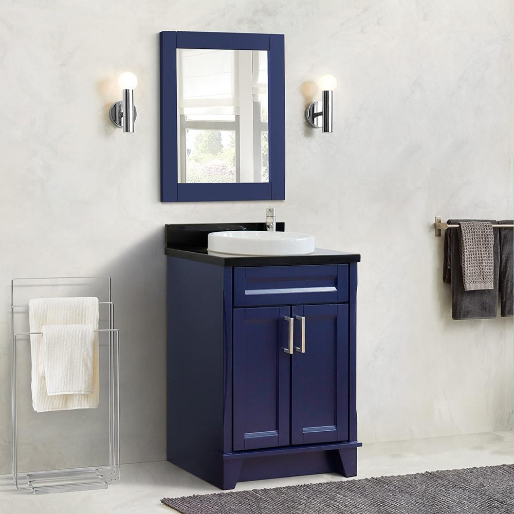 Single sink vanity in Blue with Black galaxy granite and rectangle sink. Picture 13