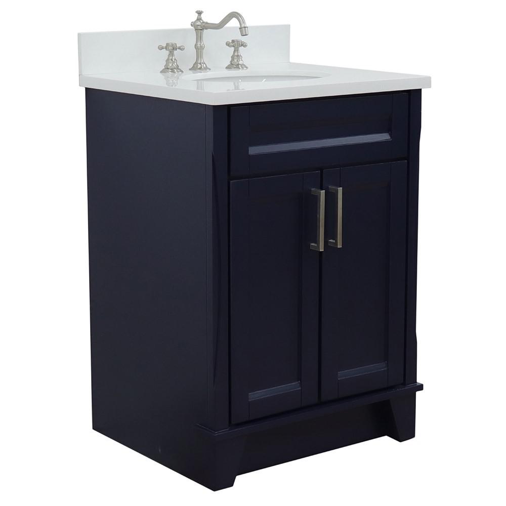 25 Single sink vanity in Blue finish with White quartz and oval sink. Picture 1