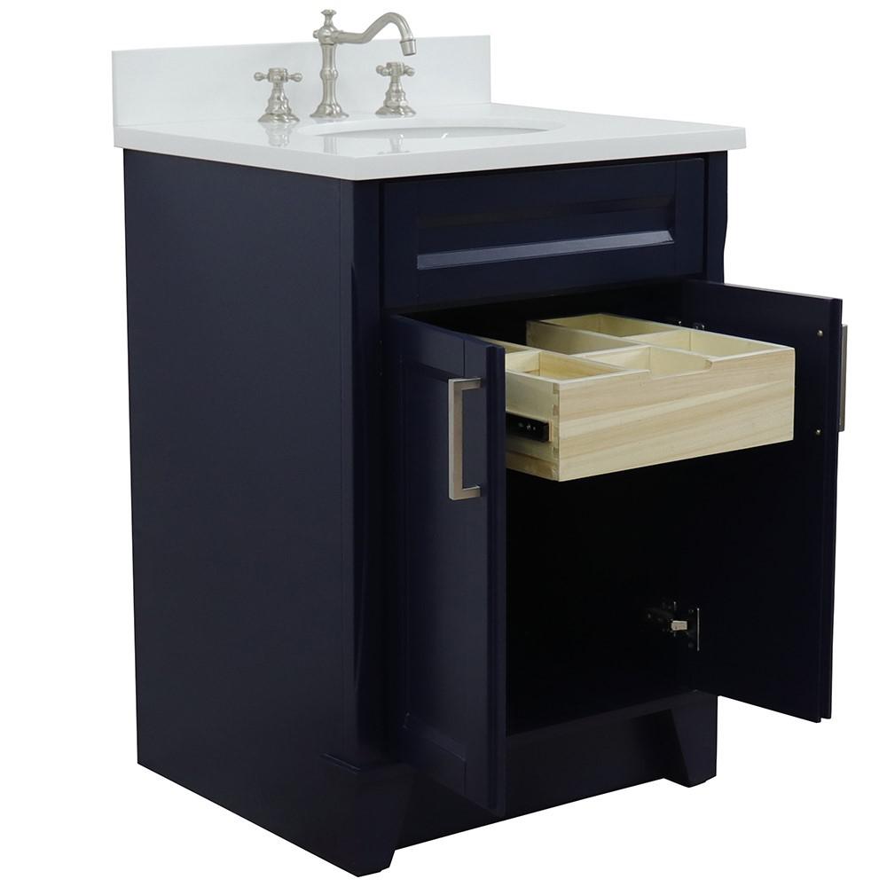 25 Single sink vanity in Blue finish with White quartz and oval sink. Picture 4